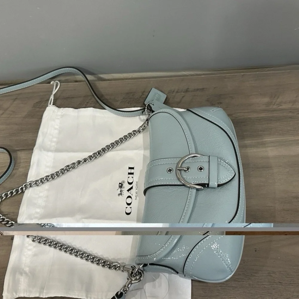 COACH CAN43 Soho Bag 25 Shoulder/Crossbody Crinkle Patent Leather Light Blue - Picture 10 of 14